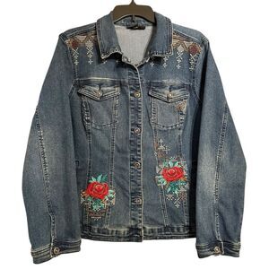 DG2 Diane Gilman Blue Denim Floral Embroidered Jean Jacket Size XL
